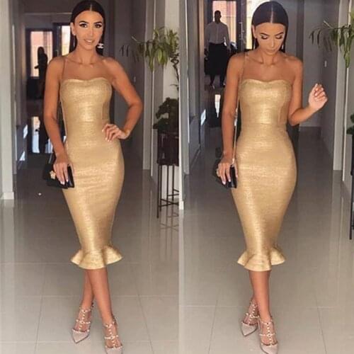 Top Quality Sexy Strapless Backless Bronzing Gold Mermaid Midi Knee Length Bandage Dress 2021 Designer Fashion Dress Vestido