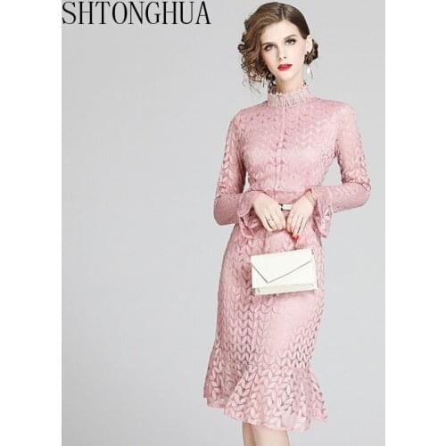 Fashion Pink Bodycon Mermaid Party Lace Dress 2020 High Quality Ruffles Stand Collar Female Flare Sleeve Belt Dresses