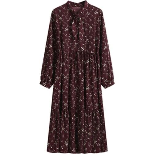 2021 New Vintage Dresses For Women Spring Floral Print Bow Long Sleeve Black Party Elastic Waist Plus Size Woman Dress 274