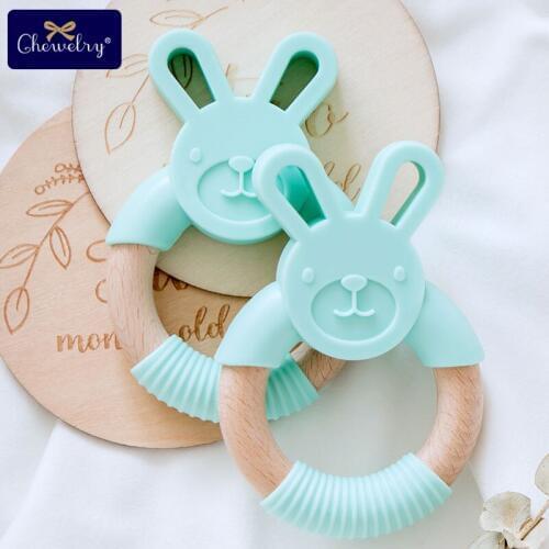 CHELWRY 1PC Baby Teether Beech Wood Ring Food Grade Silicone Rabbit Teether Baby Rattle Nursing Bracelet Toy For Children Goods