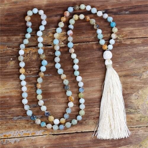 108 Beads Mala Natural Stone Long Tassel Necklace Women 8mm Amazonite Stone Knotted Yoga Meditation Necklaces Jewelry Dropship
