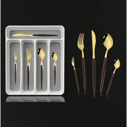 30Pcs Gold Wooden Handle Dinnerware Set Stainless Steel Cutlery Knife Fish Fork Spoon Tableware Set With Plastic Storage Tray