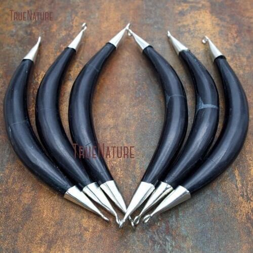 Boho Tibetan Style Antique Silver Double Horn Tusk Ox Black Bone Crescent Accessory Wild Western In 160*15 mm PM9086