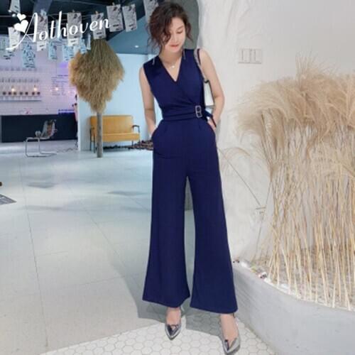 Long Rompers Sexy Women Jumpsuit Summer Party Blue V-neck Maxi Catsuit Overalls Belted Bodysuit Club Pants Playsuits Rompers