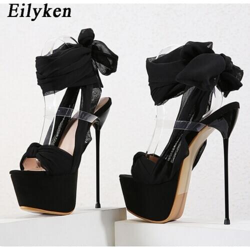 Eilyken 2021 Summer Rome Ladies Lace-Up Sandals Thin High Heels Open Toe Party Gladiator Ankle Strap Fashion Platform Shoe Black
