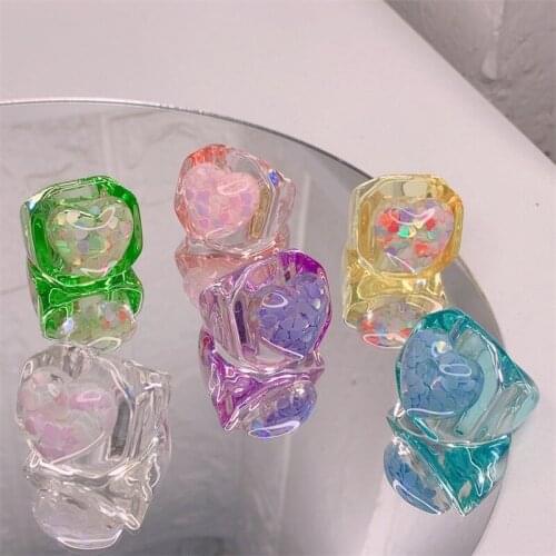 LJLGLY Pink Heart Acrylic Ring Stylish Square Transparent Colorful Resin Rings Women Valentines Day Party Finger-ring Jewelry