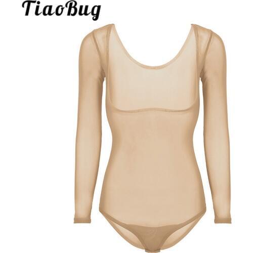 TiaoBug Women Practice Belly Dance Bottoming Bodysuit Mesh Sheer Underbust Leotard with Thong Lady Dance Bodystocking Underwear