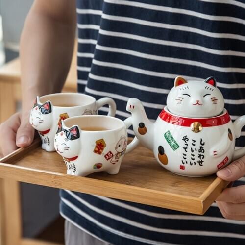 Creative Cute Lucky Cat Porcelain Tea Set Cartoon Ceramic Tea Cup Pot with Strainer Lovely Cat Teapot Mug Teaware