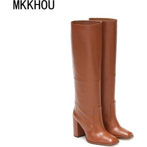 MKKHOU Fashion Knee-Length Boots Womens New Winter Boots Flat-Head Thick With 9.5cm High-Heeled Leather Boots Long Boots Women
