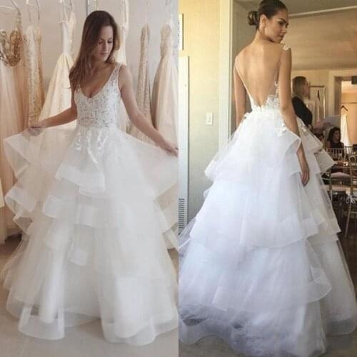 Tiered Skirt Ruffles Wedding Dresses Sexy Open Backless V Neck A Line Floor Length Lace Top Bridal Gowns Vestido De Noiva
