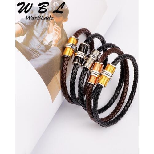 WarBLade Fashion Men Jewelry Braided Genuine Leather Bracelet Charm Bracelets BanglesMagnetic Clasp Male Wristband 2019 New