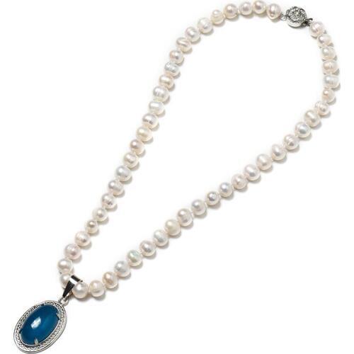 8-9 mm Simple AND Generous Natural pearl Necklace with slender pearl Chain and oval 22*32*9 mm Pendant inlaid with sea Blue