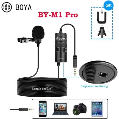 BOYA BY-M1 Pro Lavalier Microphone -10dB Monitor 6m 3.5mm Mic for iPhone HUAWEI Smartphone PC Camera Audio DSLR Recording Record