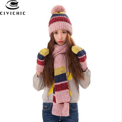 CIVICHIC Hot Fashion Korean Lady Winter Warm Set Knit Hat Scarf Gloves Color Mix Thick Shawl Pompon Beanies Stripe Mittens SH169