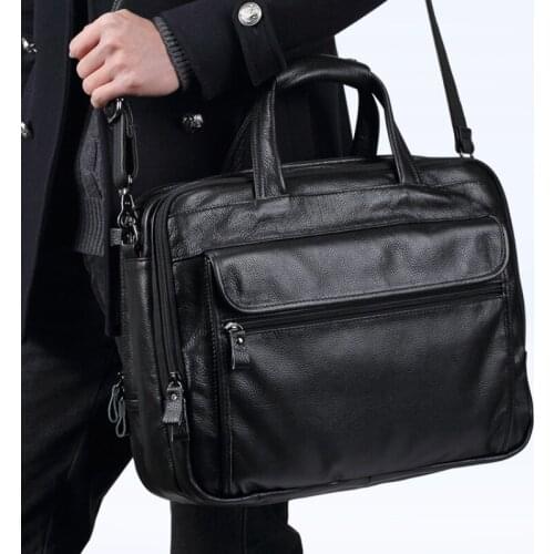 Genuine Leather Business Travel Brifcases Bag Large Men Leather Handbag Male Mens 15.6 Inch Laptop Shoulder Bag Business A4 Bag