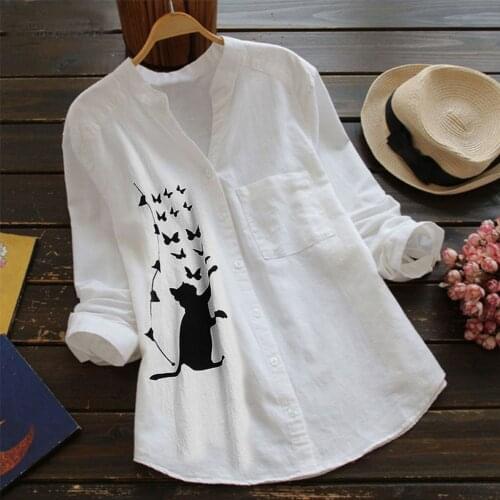Women Cat Shirt Linen Blouse Long Sleeve Kawaii Blouses Tops Laple Pocket Down Collared Shirts Spring Woman Clothes