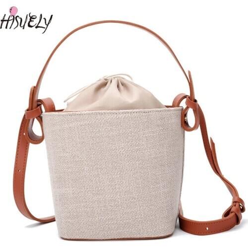 HISUELY Women Beach drawstring Linen Bucket Bag designer Ladies Burlap Bags HOT Summer Female High Quality Messenger Bags purse