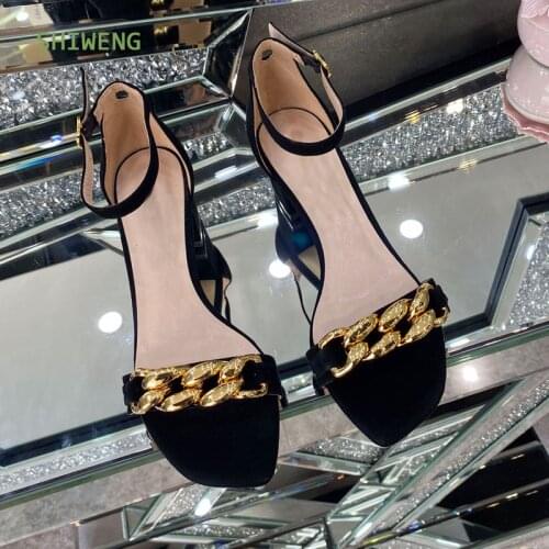 2021 Summer Black Round Toe Sandals Women Unique Thin High Heels Open Toe Metal Chains Decor Runway Sandalias
