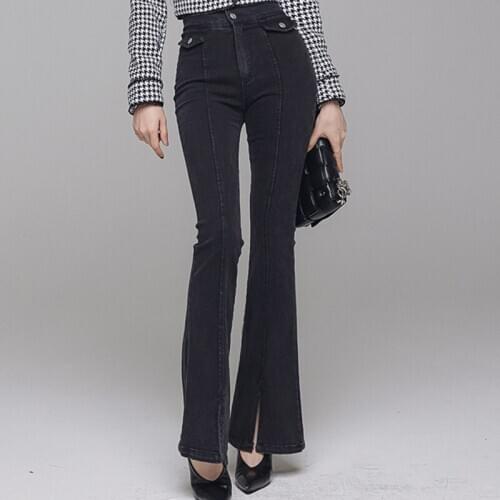 New arrival fashion long pants women OL temperament casual vintage simple high waist wild black denim slim split flare pants