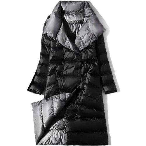 Women Double Sided Down Long Jacket Winter Turtleneck White Duck Down Coat Double Breasted Warm Parkas Snow Outwear