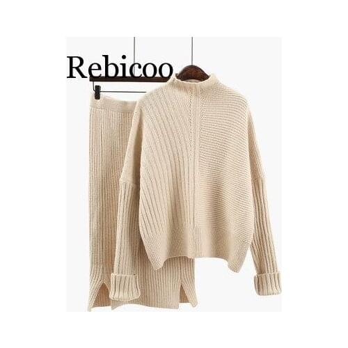 Women Wool Knitted suit soft warm Spring autumn Suit Female pullover sweater & Skirt 2 piece set Beige, Blue, Khaki