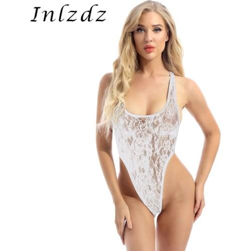 Womens Erotic Lingerie See-through Bodysuit Lace Sleeveless Sexy Clubwear Round Neck Transparent One-piece Leotard Nightwear