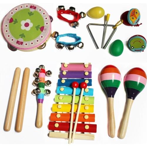 14pcs Baby Wood Funny Percussion Musical Instrument Toys Teaching Aid Rainbow Bell Colorful Castanet Drum Set Montessori Toy#38