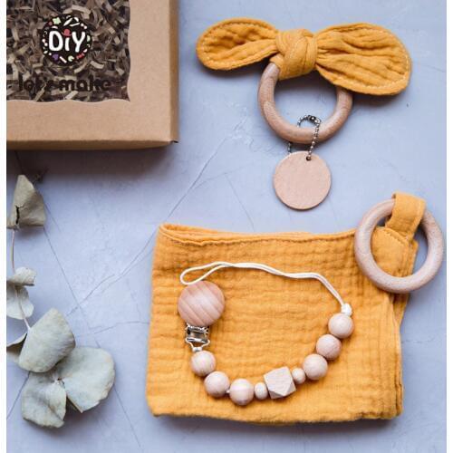 LetS Make 3Pc/Set Wooden Teether Bunny Ear Wooden Rings Baby Bib Cotton Towel For DIY Pacifier Chain New Born Baby Products