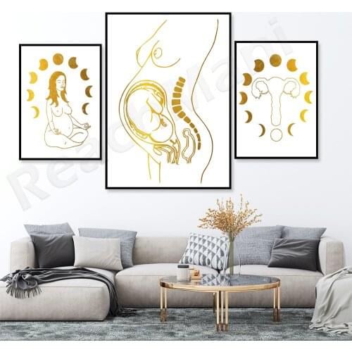 Golden Obstetrics and Gynecology Art Female Anatomy Diagram Pregnant Woman Printed Uterus Art Medical Decoration Gynecologist Gi