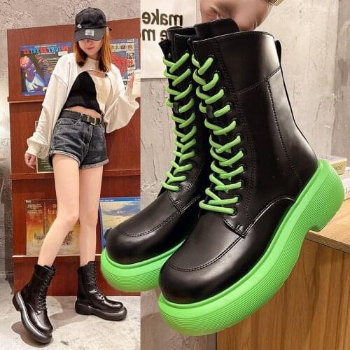 Mid Calf Motorcycle Boots Women Cow Leather Shoes Platform Platform Heel Boots With Zipper Thick Sole Lady Shoes Autumn Winter