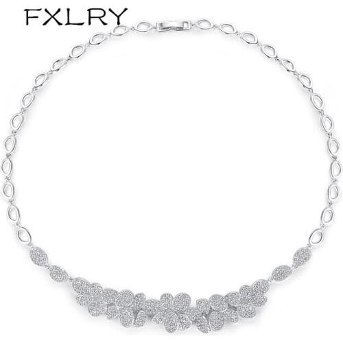 FXLRY Romantic White Color Leaf Pendant Necklace for Women Small CZ Stone Paved Clavicle chain Choker Fashion Jewellery