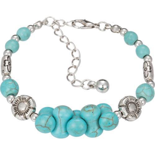 HOCOLE Hot Sale Fashion Blue Natural Stone Bracelets For Women Alloy Flower Charm Round Beads Bracelets & Bangles Boho Jewelry