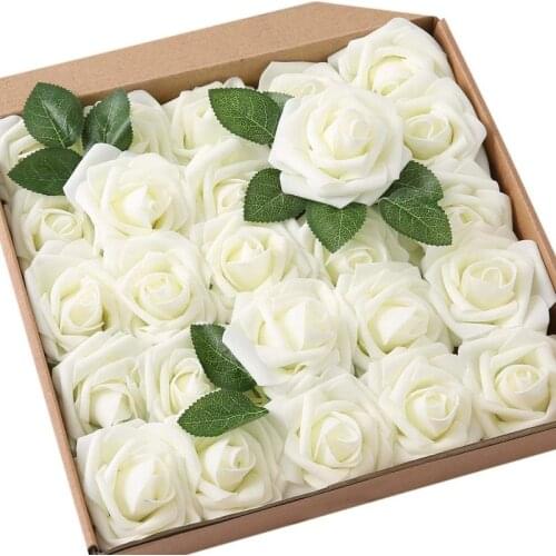 50pcs Artificial Foam Rose Flowers Fake Roses Vintage DIY Bouquets Boutonnieres for Wedding Bridal Shower Banquet Party Decore