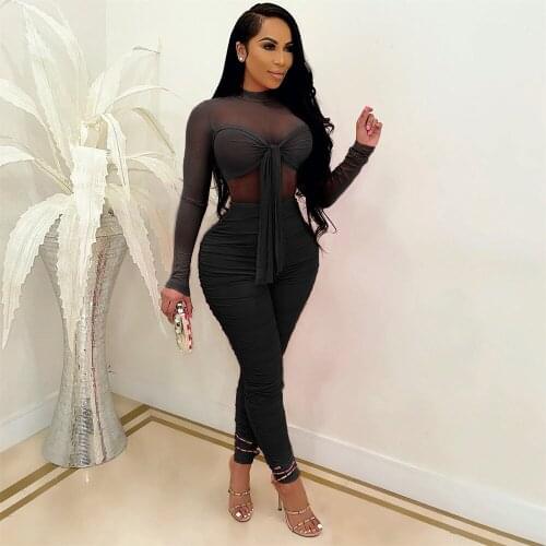 Crew Neck Long Sleeve Sheer Mesh Jumpsuit Sexy Bow Front Bodycon One Piece Overall Pleated Long Pants Women Rompers Back Zipper