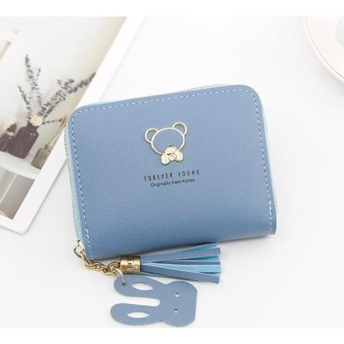 Women Short Cute Cartoon Bear Wallet Female Fashion Zipper Tassel Solid Color Coin Purses Ladies Clutch Card Holder Money Clip