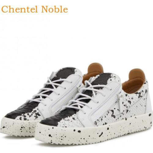Chentel Noble Leather Men Casual Shoes Party Shoes Men High Quality Flats Splashing ink Sneakers Black White Red Colors Unisex