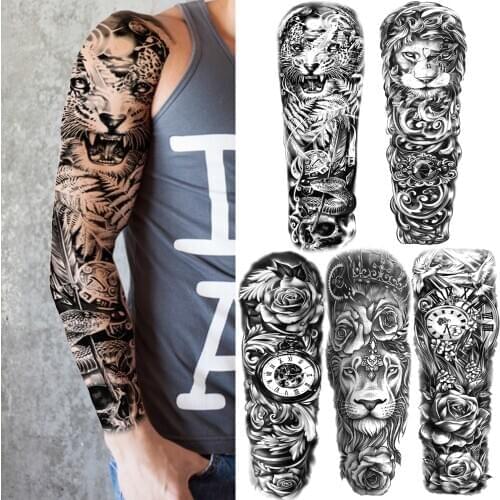 DIY Lion Leopard Compass Temporary Tattoos Sleeve For Men Women Adult Flower Fake Rose Tattoo Sticker Black Waterproof Tatoos
