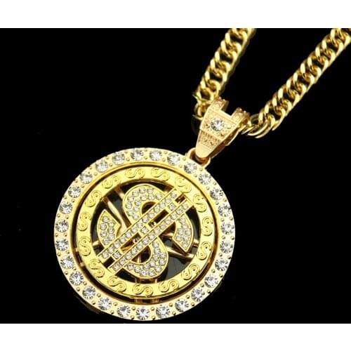 Fashion Trend 360 Degree Turning Dollar Diamond Pendant Necklace Sweater Chain Car Pendant Hip Hop Trendy Jewelry Home Decor
