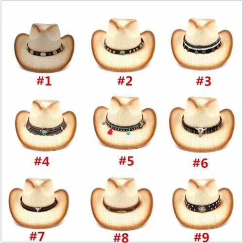 Fashion Women Straw Cowboy Hat With Punk Leather Band For Lady Dad Western Sombrero Hombre Cowgirl Jazz Caps Size 58CM
