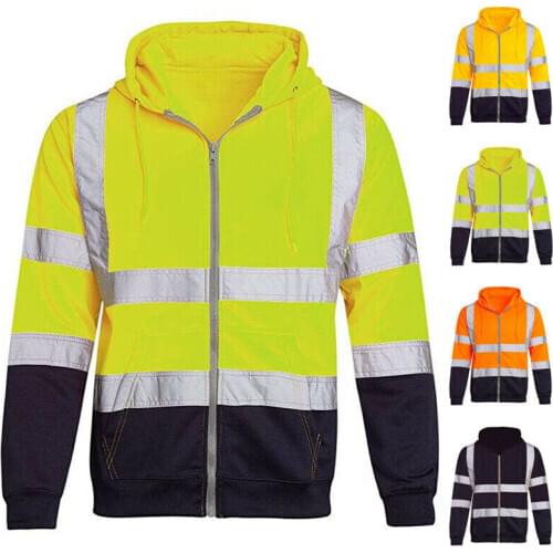 Mens Hi-Viz Vis High Visibility Jacket Hoodie Work Zip Hooded SweatShirt Safety