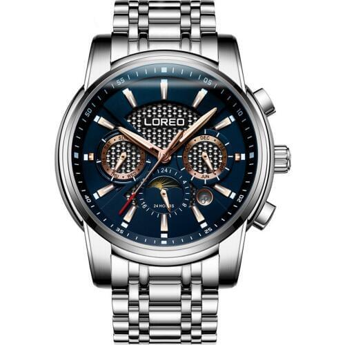 LOREO Mens Sport Multifunction Dial Steel Band Business Automatic Mechanical Wrist Watches with Month,Week,Date,Sun-Moon Dial