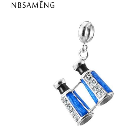 New 100% 925 Sterling Silver Bead Charm Telescope Glasses Pave CZ Pendant Enamel Charms Fit Bracelets DIY Women Jewelry