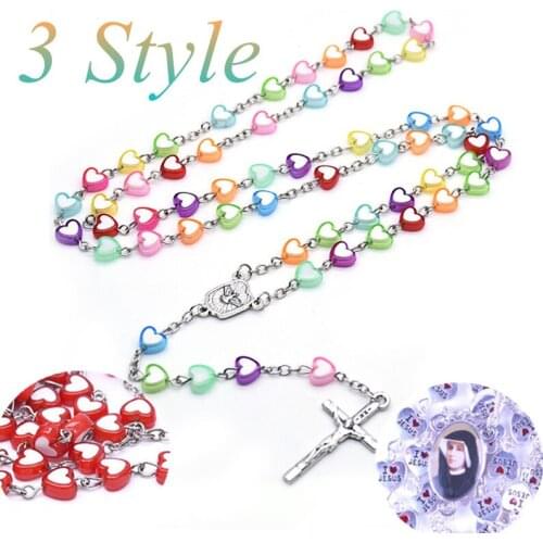 New 3 Style Beautful Alloy/Glass Heart-shape Beads Rosary Cross Pendant Religious Necklace Fashion Accessories Jewelrys Gift