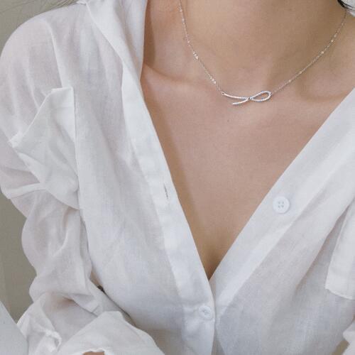 Original S925 Sterling Silver Bowknot Necklace Female Rose-Gold Statement Cute Unique Design Kpop Chain Girl Fine Jewelry