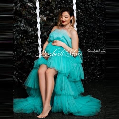 New Fashion High Low Strapless Tulle A-line Maternity Dress 2021 Fluffy Ruffles Tiered Pregnancy Gowns Floor Length Photo Shoot