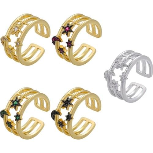 Three-layer Gun Black Two-color Stars and Moon Colored Zircom Ring Copper Jewelry European and American Style Rings for Women