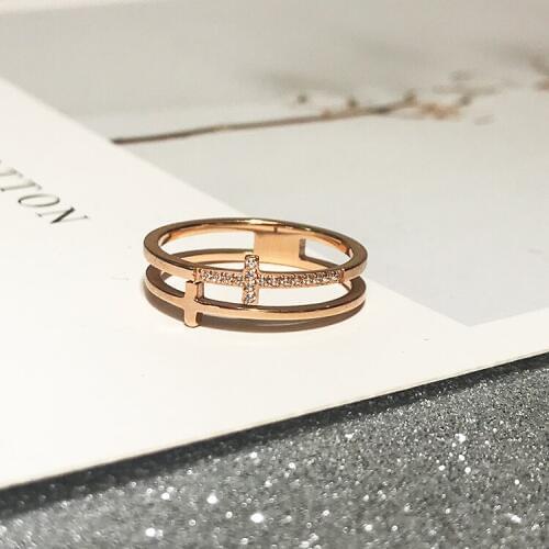 YUN RUO New Arrival Fashion Double Cross Zircon Ring Rose Gold Color Woman Gift Titanium Steel Jewelry Never Fade Drop Shipping