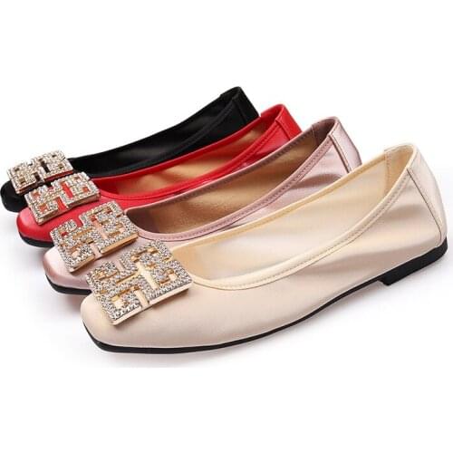 Rhinestone Flat Shoes Womens 2021 Autumn Fashion Square Head Shallow Mouth Ballet Shoes Comfortable Casual Shoes Large Size 44
