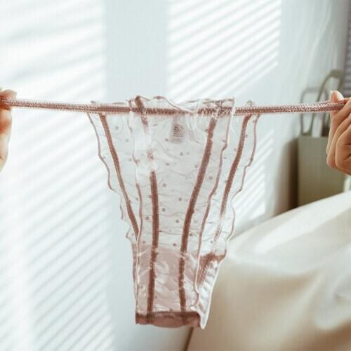 Japanese Style Ruffles Dot Gauze High Split Womens G-strings Sexy Transparent Quick-dry Seamless Skin-friendly Mid Waist Thongs
