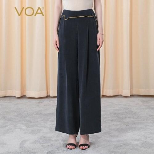 VOA Silk Trousers Navy Blue Asymmetric Natural Waist Bright Line Decoration Joker Spring Long Wide-leg Pants for Woman KE175